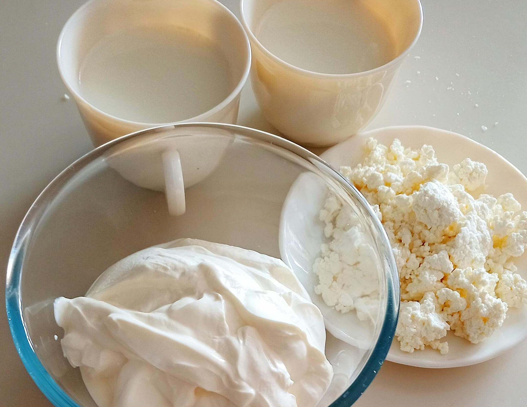 Cups of milk, a clear bowl of yogurt, and a plate of soft cheese